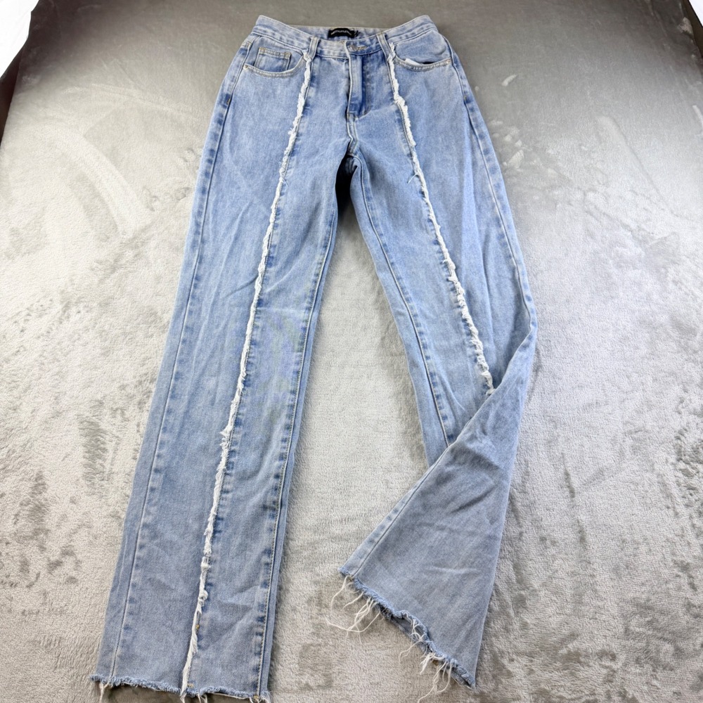 PrettyLittleThing Light Wash Distressed Seam Straight Leg Jeans Womens Size 4